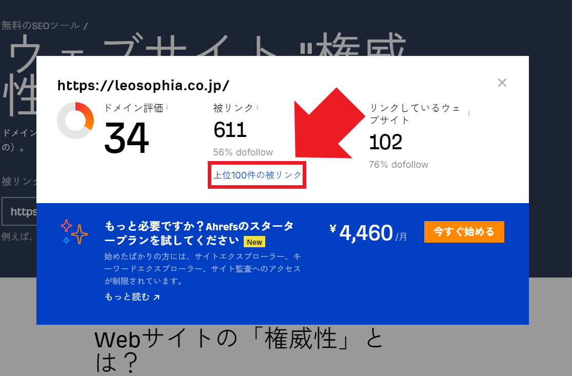 Ahrefs（ウェブサイト権威性チェッカー）_上位100件の被リンク